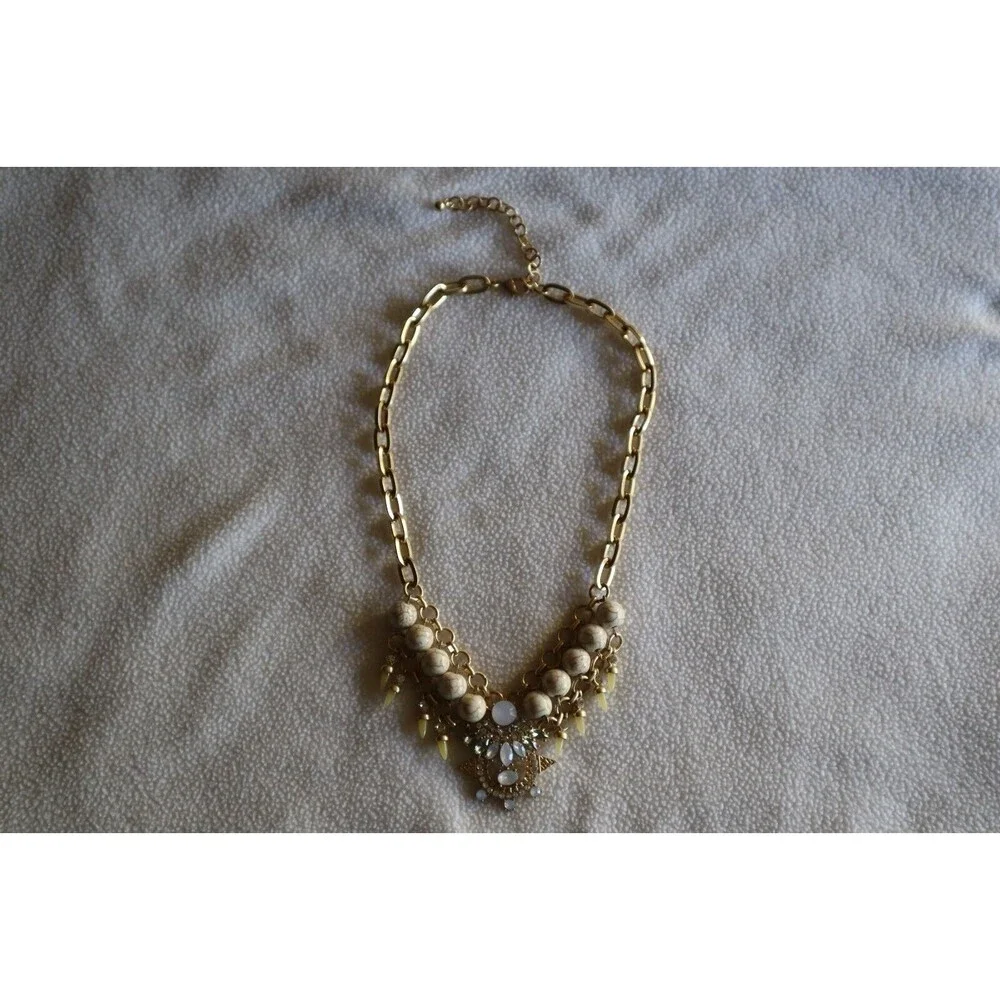 Gold Tone Chain Link Bead Necklace White Marbled Faux Howlite Rhinestone AB 17